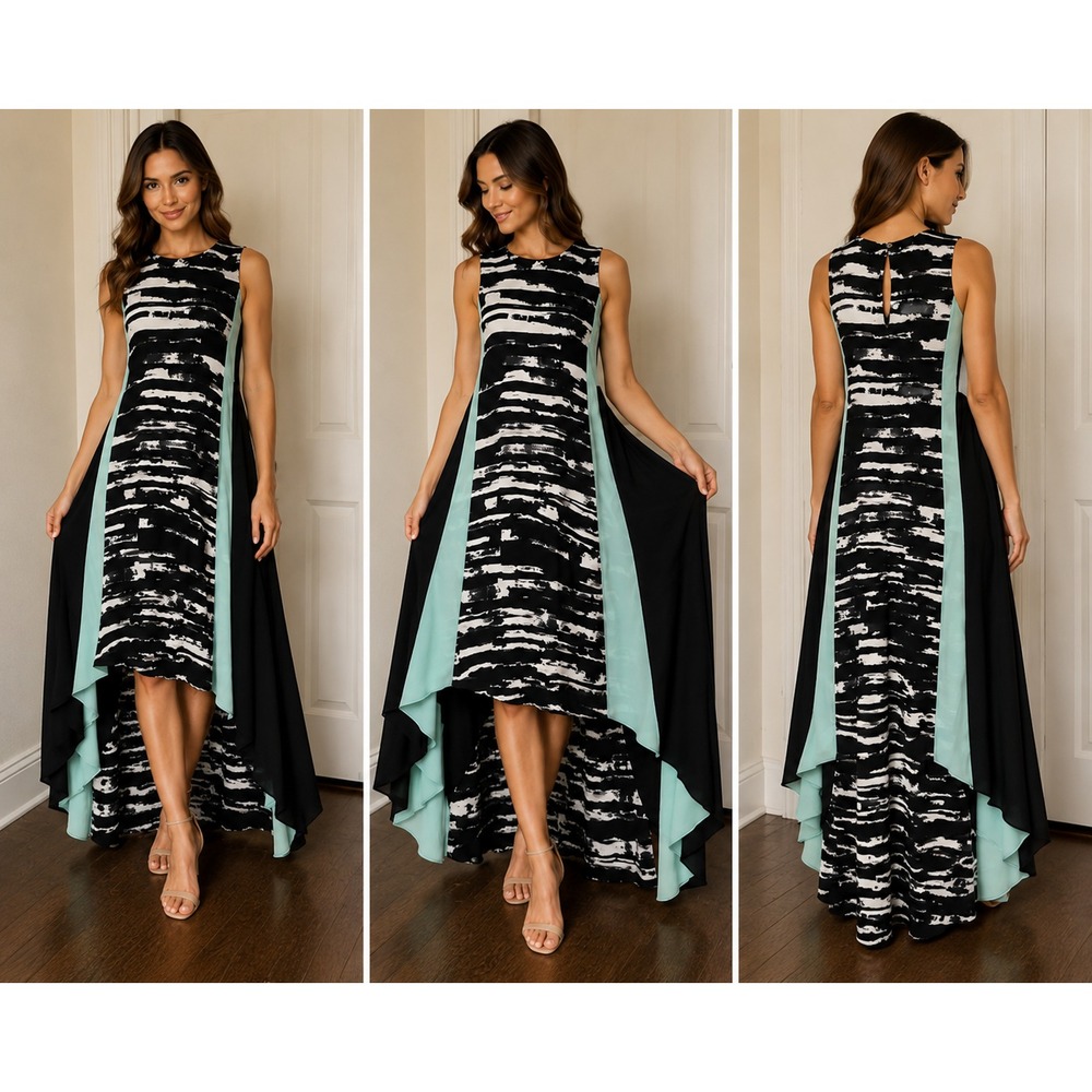 BCBGMAXAZRIA Malisa XS High Low Maxi Dress Black White Mint Abstract $298